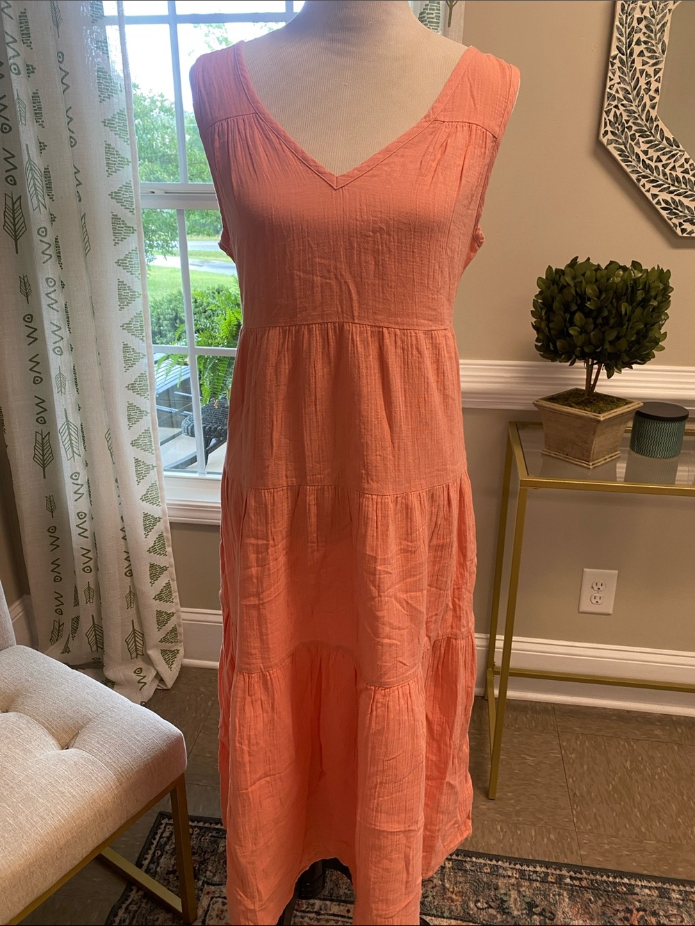 Quince Coral Tiered V-Neck Maxi Dress
